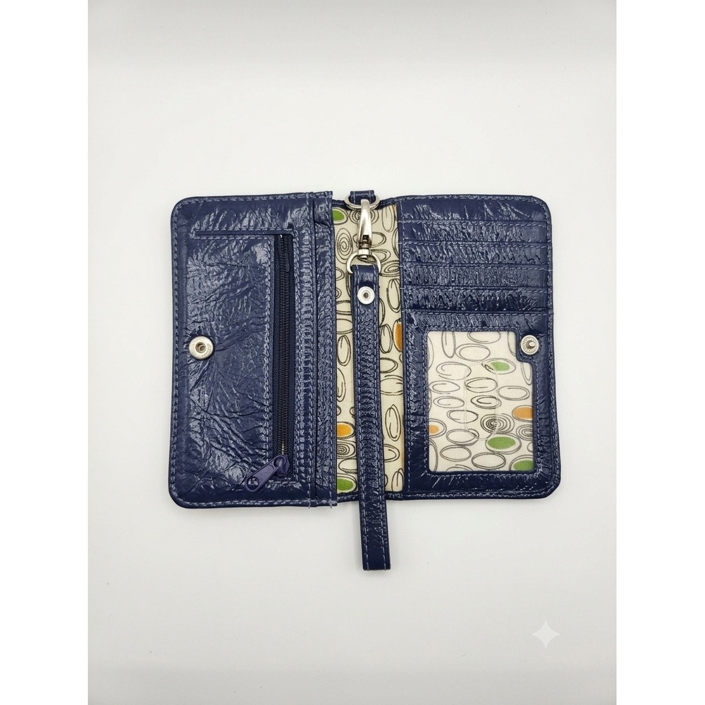 Hobo International Navy Blue Glazed Leather Bifold Wristlet Wallet Retro Lining